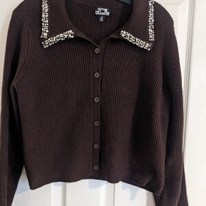 Future Collective Brown Cardigan with Embellished Collar